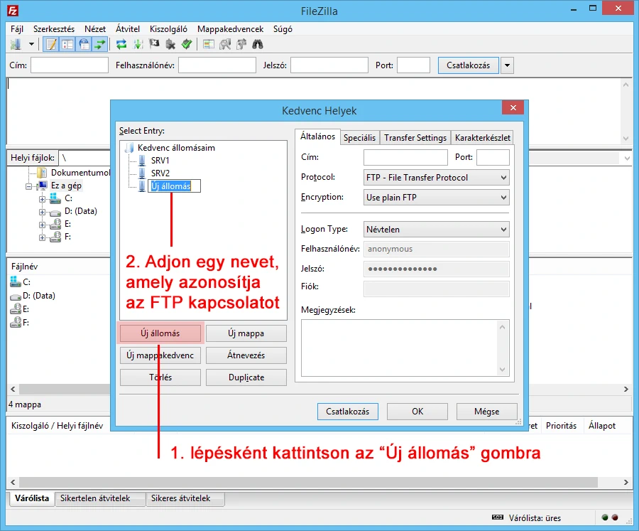 FileZilla új kapcsolat
