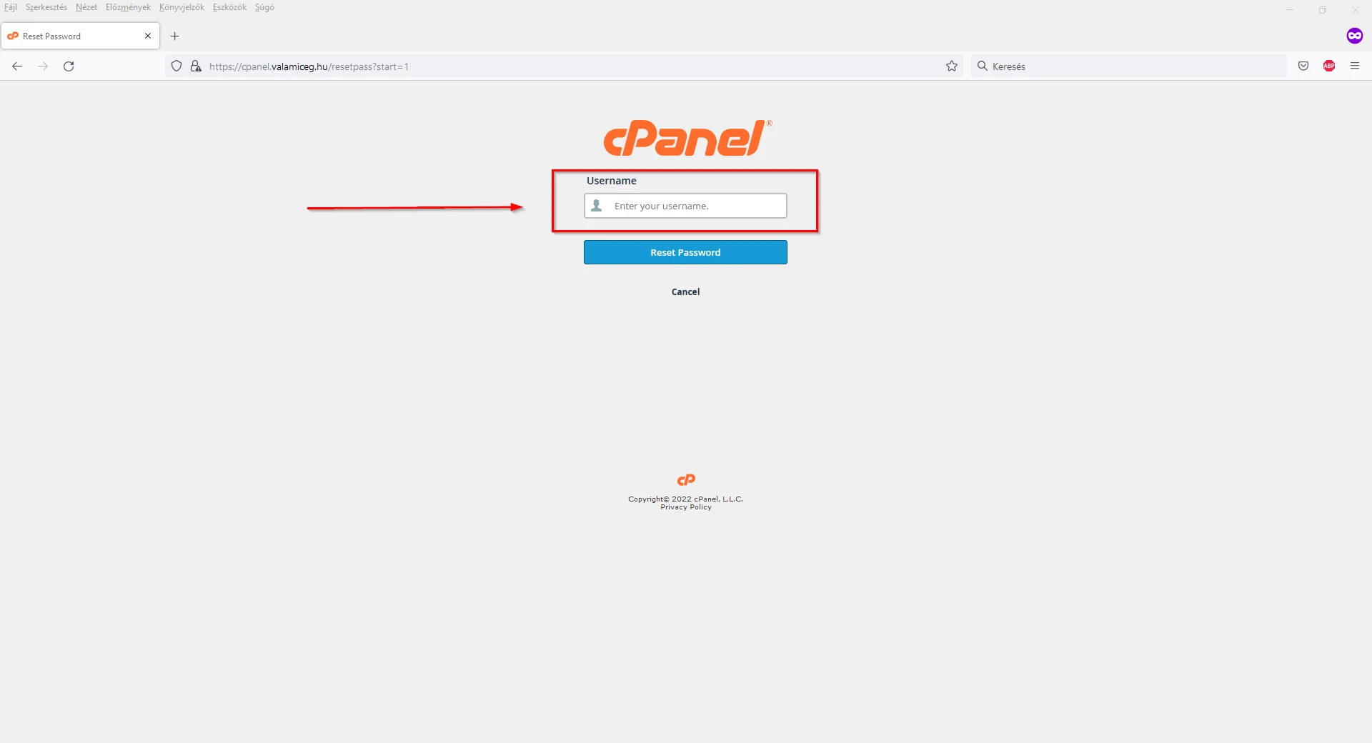 cPanel felhasználónév megadása